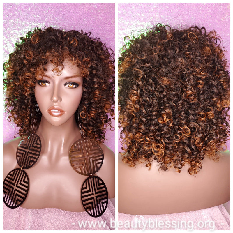 Curly Kinky Afro Spiral Curl Wig Big Ombre Auburn Natural Ombre Brown Auburn Hair Wig - Beauty Blessing Wigs & Hair Extensions Boutique