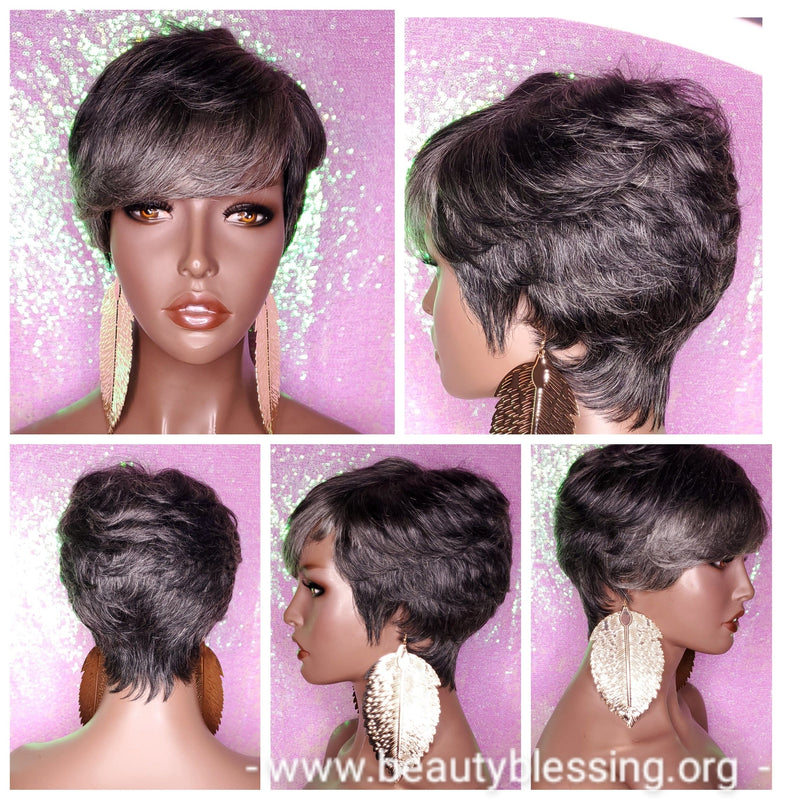 Peruvian Remy 100% Human Hair Pixie Razor Cut 100% Remy Human Hair Wig Gray Black Salt Pepper Color Hair Wig - Beauty Blessing Wigs & Hair Extensions Boutique