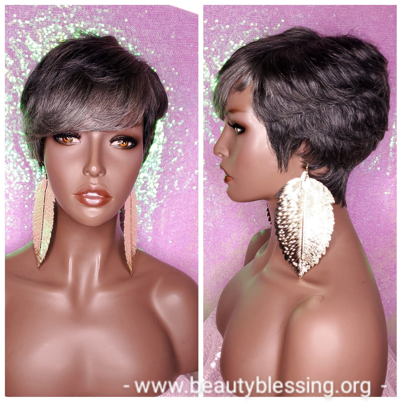 Peruvian Remy 100% Human Hair Pixie Razor Cut 100% Remy Human Hair Wig Gray Black Salt Pepper Color Hair Wig - Beauty Blessing Wigs & Hair Extensions Boutique