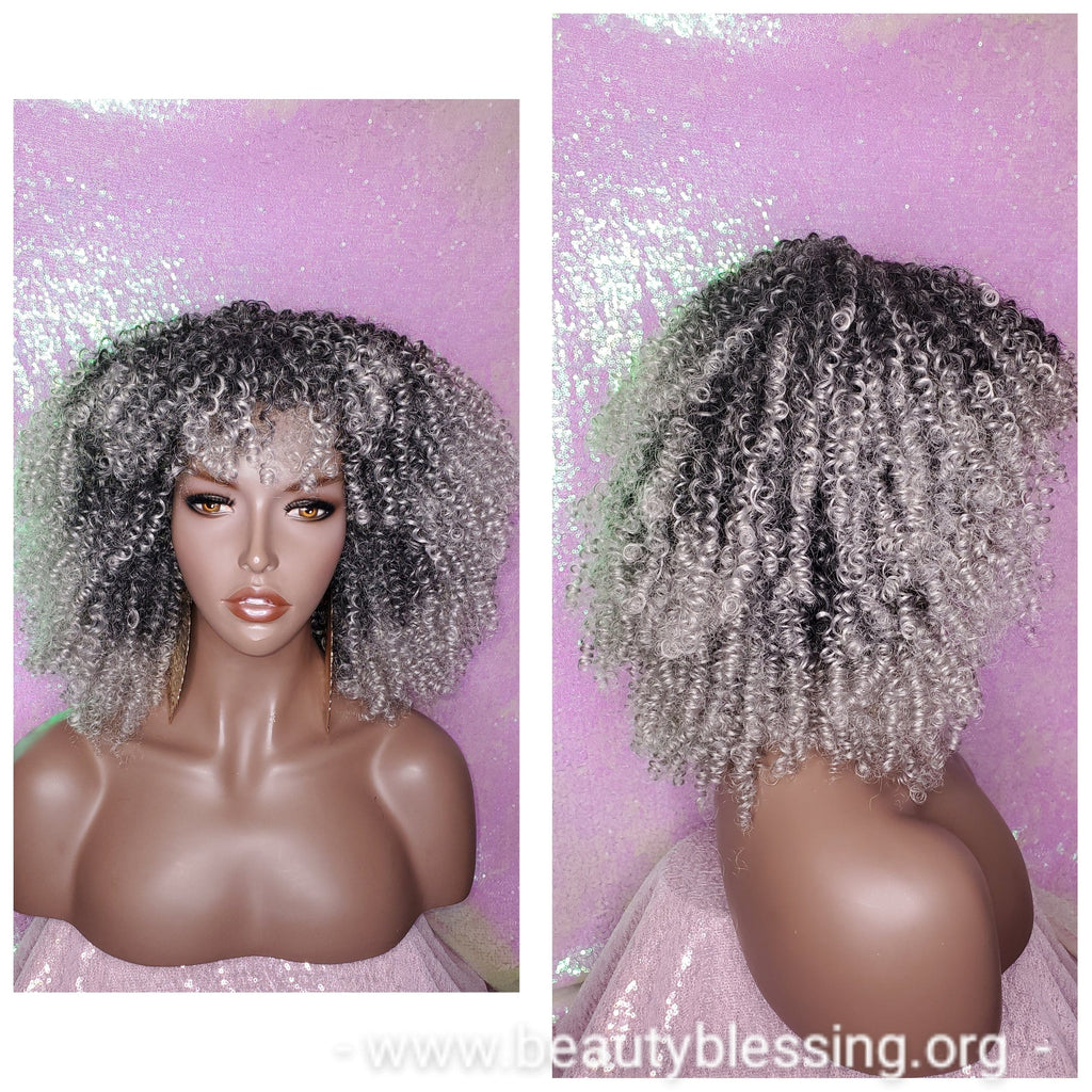 Curly Afro Kinky Twist Wig Afro Corkscrew 4C Hair Wig With Bangs Soft Natural Coily Ombre Gray Black Gray Salt Pepper Hair Wig - Beauty Blessing Wigs & Hair Extensions Boutique