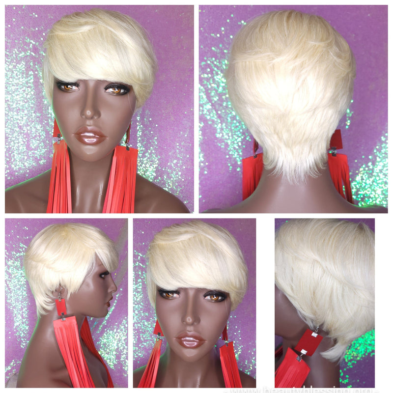 Blonde Human Hair Pixie Short Cut Layered Bang Style Hair Wig Vogue Fashion Blonde Remy Hair Wig Full Cap Wig - Beauty Blessing Wigs & Hair Extensions Boutique
