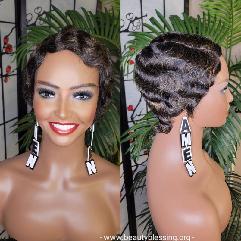 Pixie Cut Fingerwave Hair Wig Big Deep Wave Short Razor Cut Natural Hairstyle Wig Soft Mink Brazilian Remy 100% Human Hair Wig - Beauty Blessings LLC