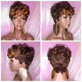 Tapered Short Cut Mohawk Curl Full Cap Wig Pixie Cut Curl Wig Layered Hair Wig Ombre Auburn Brown - Beauty Blessing Wigs & Hair Extensions Boutique