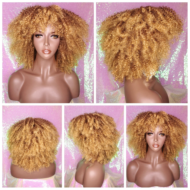 Strawberry Blonde Curly Afro Kinky Twist Hair with Bangs Wig Afro Corkscrew Hair Wig Soft Natural Coily Ombre Blonde Hair Wig - Beauty Blessing Wigs & Hair Extensions Boutique