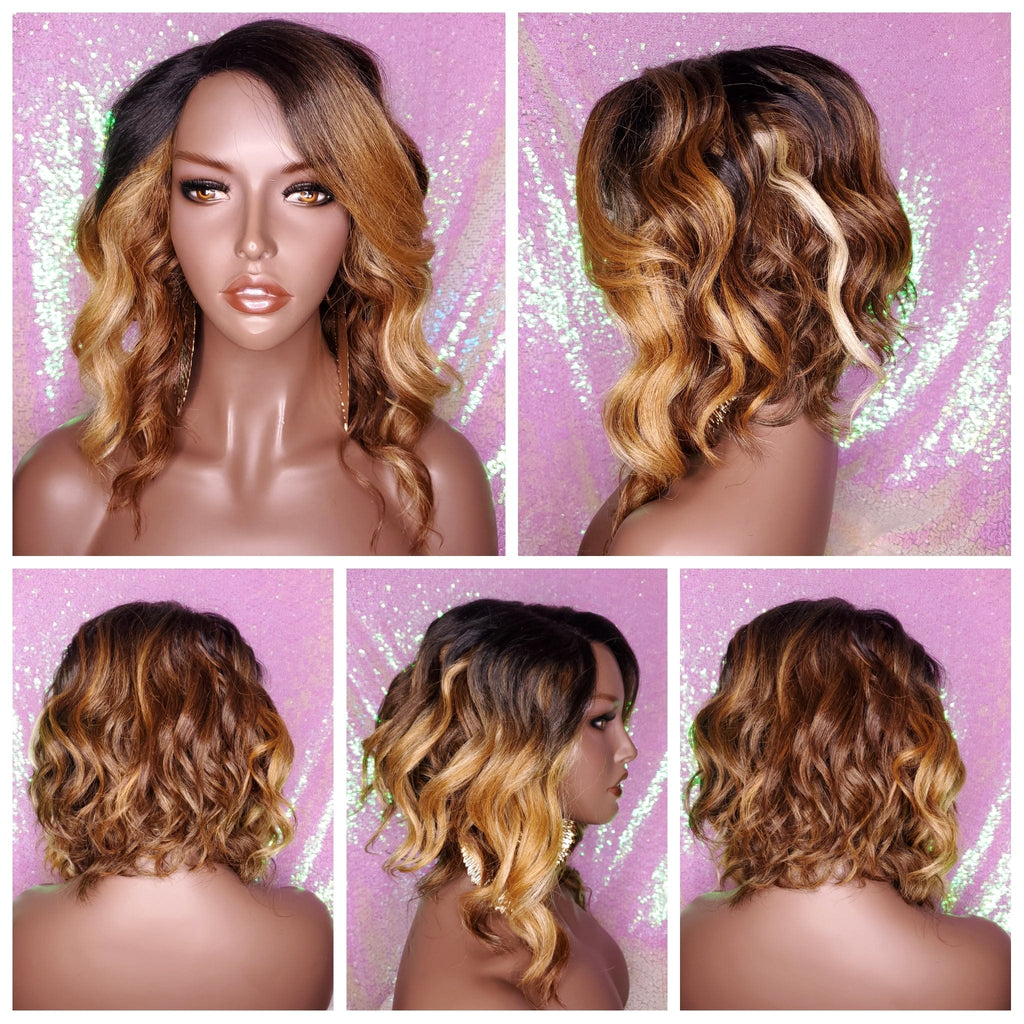 Bob Style Loose Wave Pre-Cut Lace Wig Preplucked Lace Wig Swoop Bang Hair Ombre Brown Strawberry Blonde Auburn Blonde - Beauty Blessing Wigs & Hair Extensions Boutique