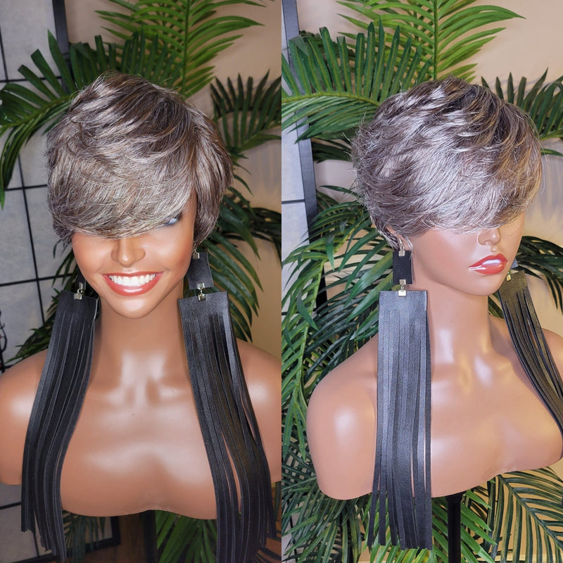 Gray Wig Pixie Cut Layered Swoop Bang Style Human Hair Short Hair Wig Ombre Salt Pepper Gray Hair Wig - Beauty Blessing Wigs & Hair Extensions Boutique
