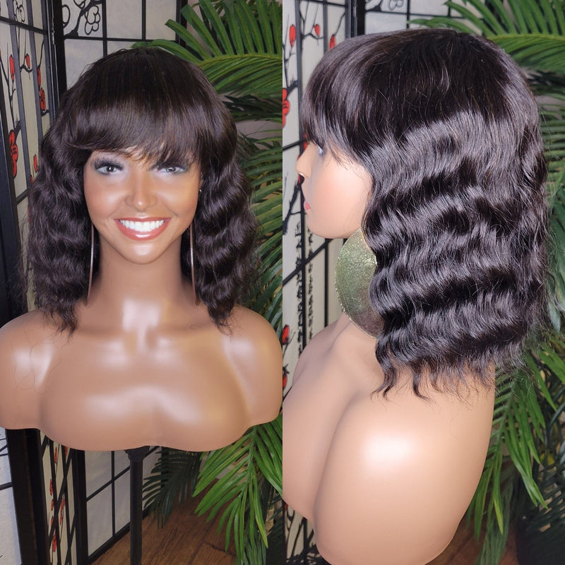 Deep Wave Short Bob Hairstyle Brazilian Remy 100% Human Hair with Bangs Natural Loose Wave Hair Wig Black Hair Wig - Beauty Blessing Wigs & Hair Extensions Boutique