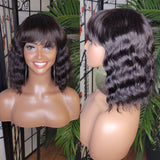 Deep Wave Short Bob Hairstyle Brazilian Remy 100% Human Hair with Bangs Natural Loose Wave Hair Wig Black Hair Wig