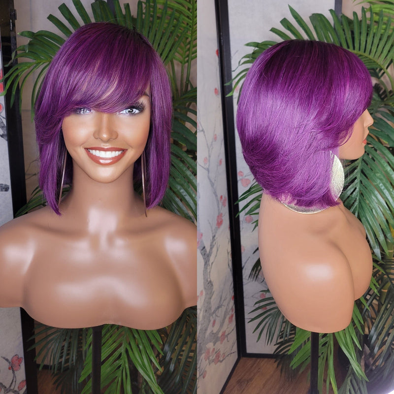 Purple Hair Wig Bob Brazilian Remy Human Hair Remy Short Hair Bob Style Swoop Bang Wig Full Cap Wig - Beauty Blessings LLC