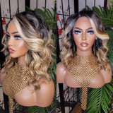 Body Wave Hair Bob Hairstyle Lace Front Wig with Swoop Bangs Ombre Brown Auburn Blonde Hair Lace Part Wig