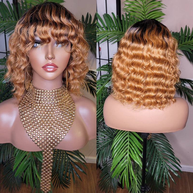 Wig Deep Wave Brazilian Remy 100% Human Hair Natural Hair Short Wig Ombre Auburn Chocolate Dark Brown Hair Wig - Beauty Blessing Wigs & Hair Extensions Boutique