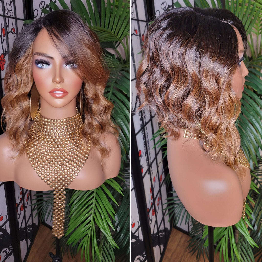Asymmetrical Bob Hairstyle Wig  Swoop Bang Hair Ombre Brown Honey Blonde Auburn Colored Hair Wig Lace Wig