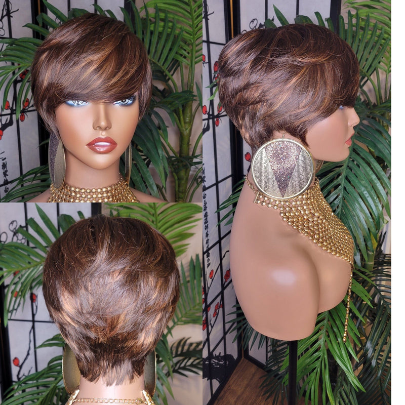 Brown Auburn Colored Hair Pixie Cut Swoop Bang Short Style Layered Hair Wig - Beauty Blessings LLC