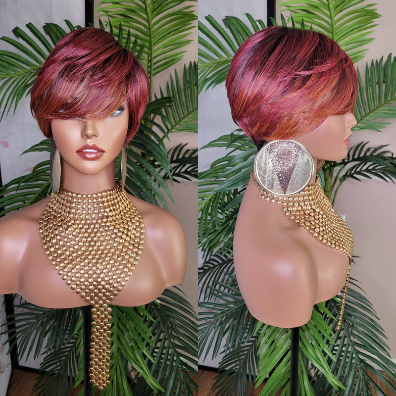Short Wig Pixie Cut Style with Swoop Bangs Wigs for Women Soft Burgundy Auburn Copper Ombre Hair Color - Beauty Blessings LLC