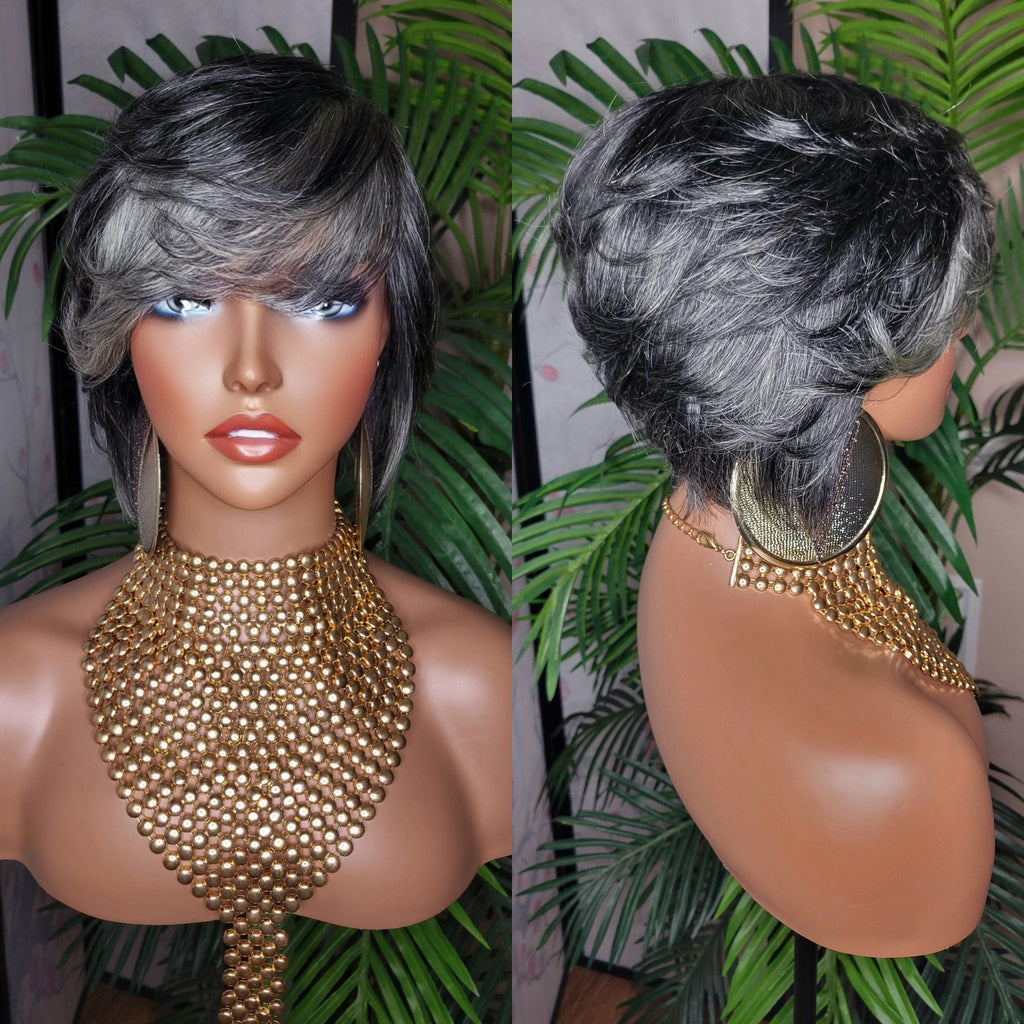 Dark Salt & Pepper Gray Tone Pixie Bob Cut Layered Brazilian Remy Human Hair Wig - Beauty Blessing Wigs & Hair Extensions Boutique