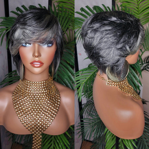 Dark Salt & Pepper Gray Tone Pixie Bob Cut Layered Brazilian Remy Human Hair Wig - Beauty Blessing Wigs & Hair Extensions Boutique