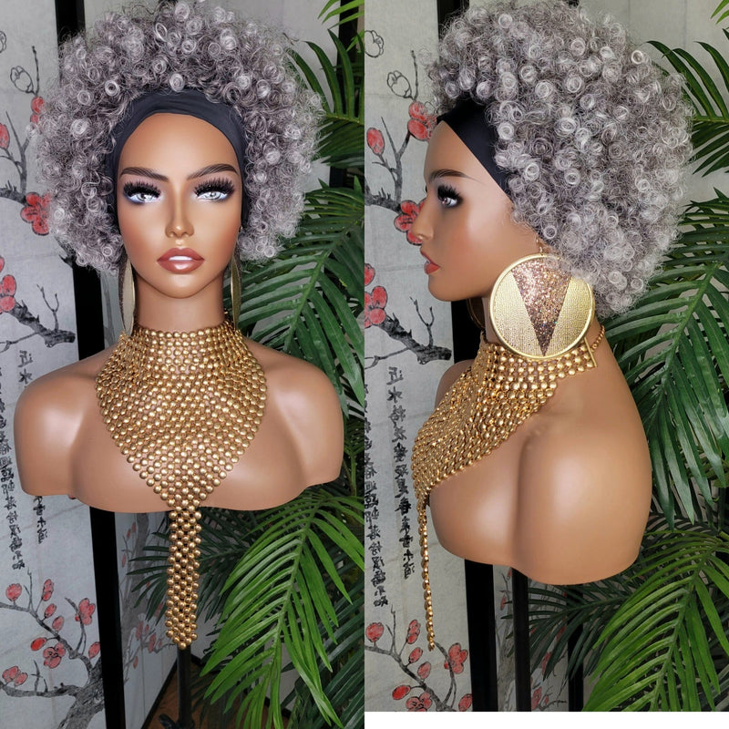 Gray Afro Kinky Salt & Pepper Hair Headband Wig Afro Curly Hair Gray Colored Short Natural Hairstyle Wig - Beauty Blessings LLC