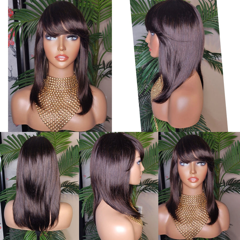 Brazilian Remy 100% Human Hair Straight Wrap Style Layered Swoop Bang Full Cap Wig Fashion Hair Wig - Beauty Blessings LLC