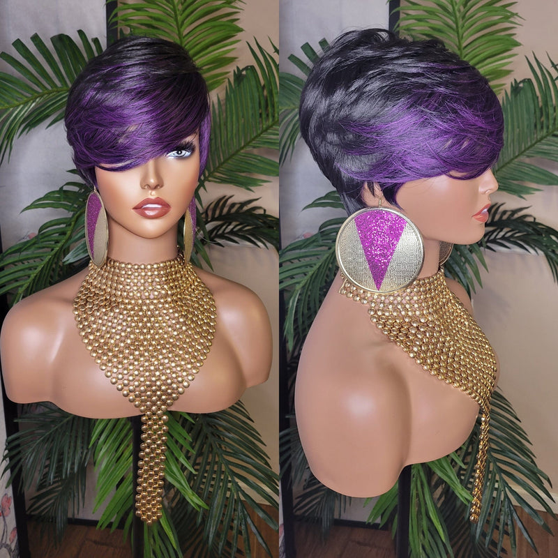 Purple Hair Wig Pixie Cut Hairstyle Wig Pixie Cut Wig with Swoop Bangs Purple Hair Wig - Beauty Blessings LLC