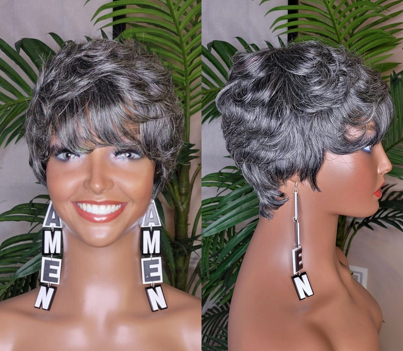 Salt and Pepper Gray Hair Pixie Cut Brazilian Remy Human Hair Fashion Beauty Gray Hair Wig - Beauty Blessings LLC
