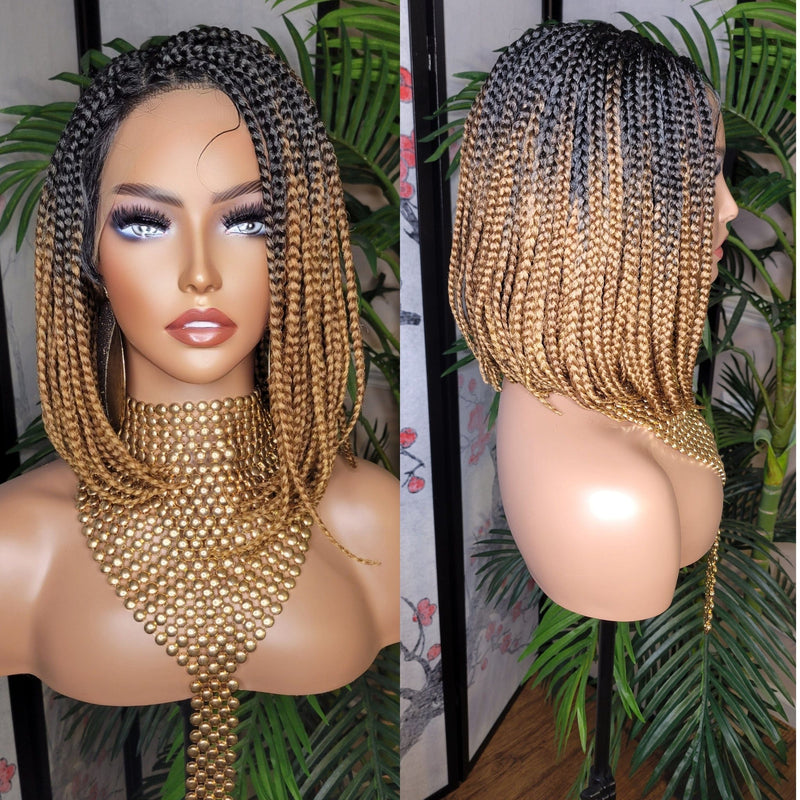 Ombre Strawberry Blonde Brown Bob Box Braids Bob Lace Wig Flexible Parting Lace Front Wig Short Small Box Braid Bob Glueless Lace Wig - Beauty Blessings LLC