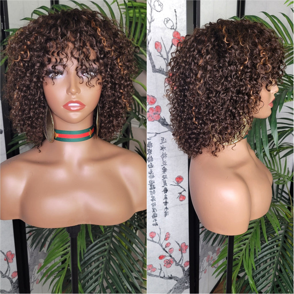 Short Beach Curl Spring Curl Brazilian Remy 100% Human Hair Brown Auburn Colored Hair Wig with Bangs