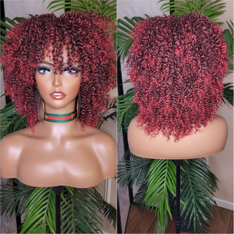 Burgundy Hair Afro Coil Bantu Knot Twist Out Kinky Twist Hair Full Cap Natural Wig Natural Hairstyle Wig Afro Twist Hair Wig - Beauty Blessings LLC