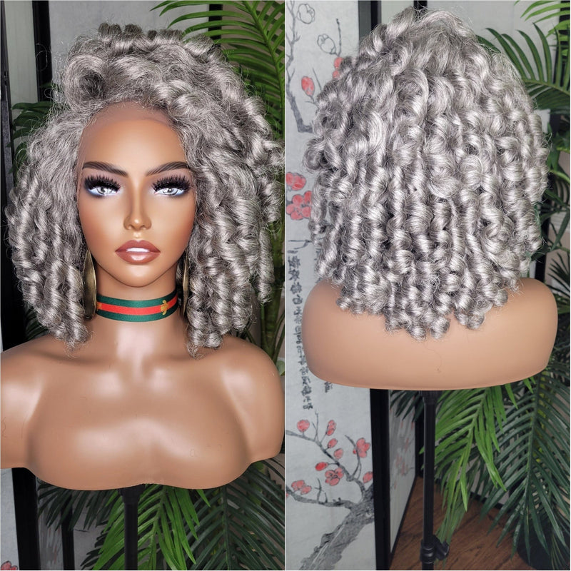Gray Hair Kinky Hair Voluminous Curl Hair Lace Front Wig Wand Curly Natural Yaki Texture Bob Wig Baby Hairs - Beauty Blessings LLC