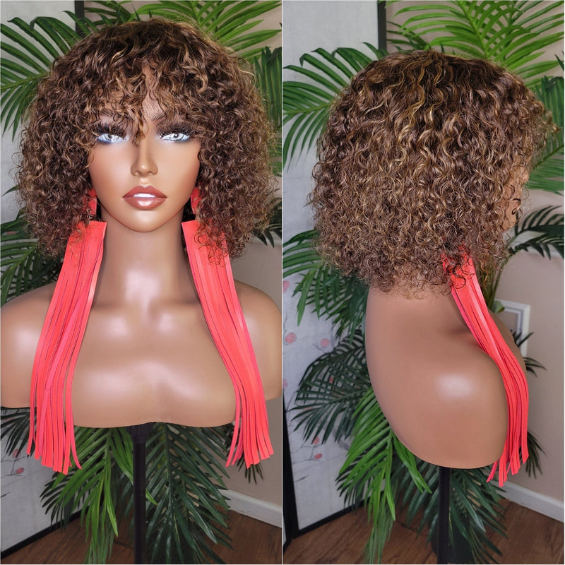 Ombre Brown Auburn Strawberry Blonde Jerry Curl Bob Hairstyle Brazilian Remy 100% Human Hair Wig Pixie Short Bob Hair Wig - Beauty Blessings LLC