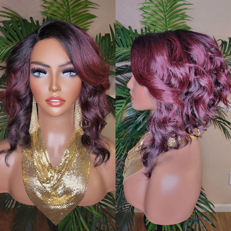 WIG Burgundy Hair Wig Bob Style Loose Wave Lace Wig Preplucked Lace Wig Swoop Bang Hair Ombre Burgundy Dark Wine Plum Color Wig - Beauty Blessings LLC