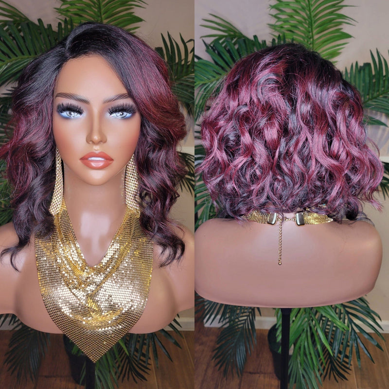 WIG Burgundy Hair Wig Bob Style Loose Wave Lace Wig Preplucked Lace Wig Swoop Bang Hair Ombre Burgundy Dark Wine Plum Color Wig - Beauty Blessings LLC