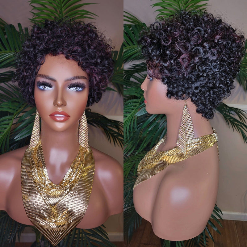 Burgundy Streaks Brazilian Remy Human Hair Pixie Cut Curl Hair Wig Soft Short Cut Curly Water Wave Natural Hairstyle Wig 100% Human Hair Wig - Beauty Blessings LLC