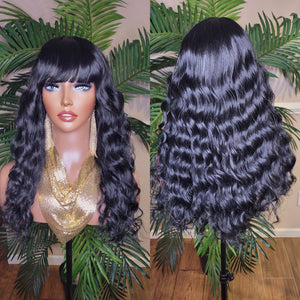 Natural Deep Wave Hair Full Wig with Bangs Wavy Straight Bang Hairstyle Glueless Wig