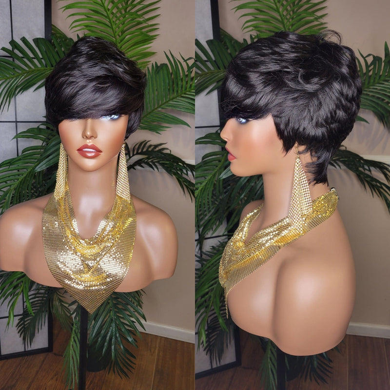 Pixie Cut Hairstyle Brazilian Remy 100% Human Hair Fashion Glueless Wig Black Hair Wig - Beauty Blessings LLC