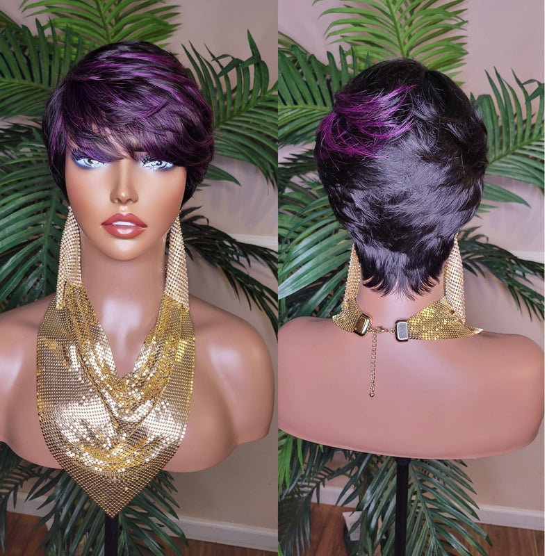 Purple Hair Wig Swoop Bang Pixie Cut Remy 100% Human Hair Wig Short Hairstyle Colored Glueless Wig - Beauty Blessings LLC