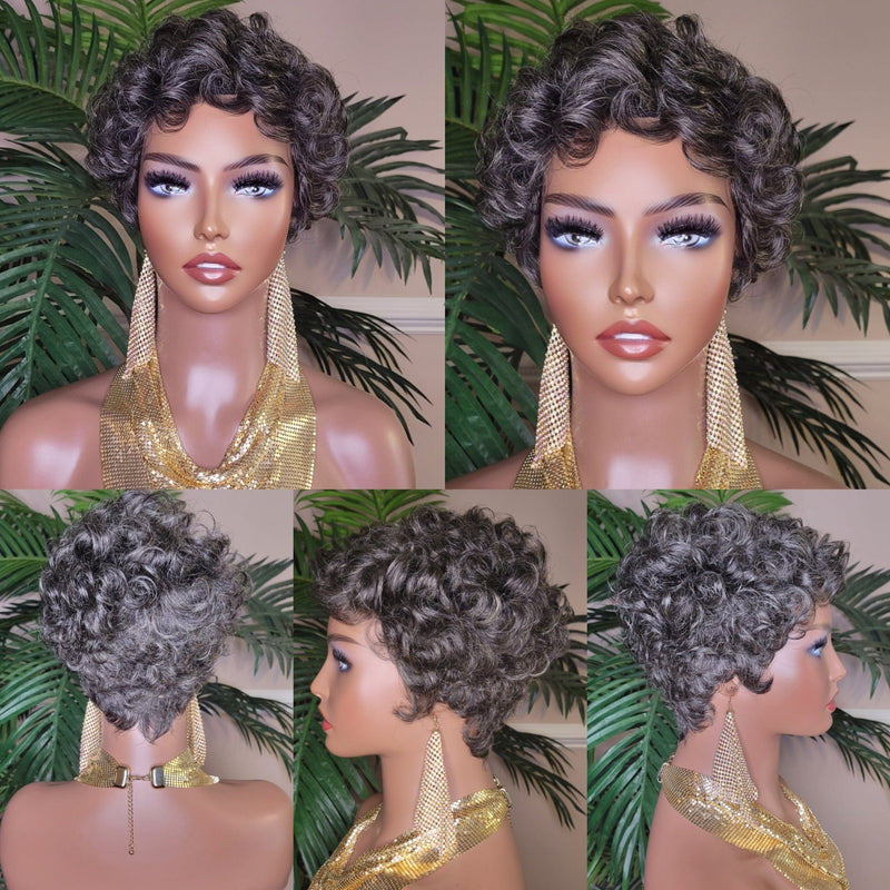 Gray Hair Wig Pixie Cut Celebrity Inspired Style Wig Pixie Salt Pepper Hair Color Curl 100% Remy Human Hair Wig - Beauty Blessings LLC