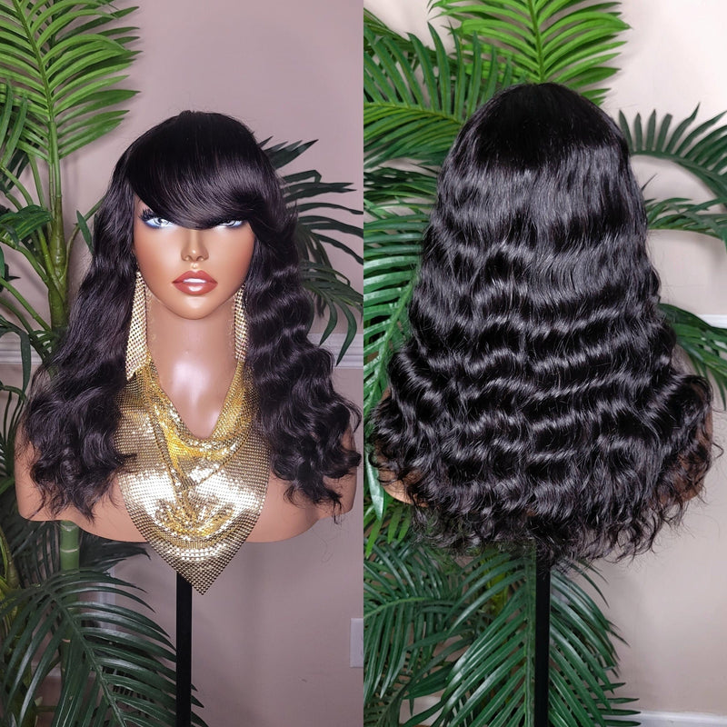 Deep Wave Hair Glueless Wig Brazilian Remy 100% Human Hair Natural Loose Waves Hair Full Wig with Bangs - Beauty Blessings LLC