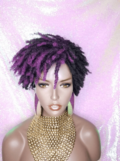 Purple Hair Wig Short Kinky Coil Twist Afro Hair DreadLocks Natural Style Full Cap Wig