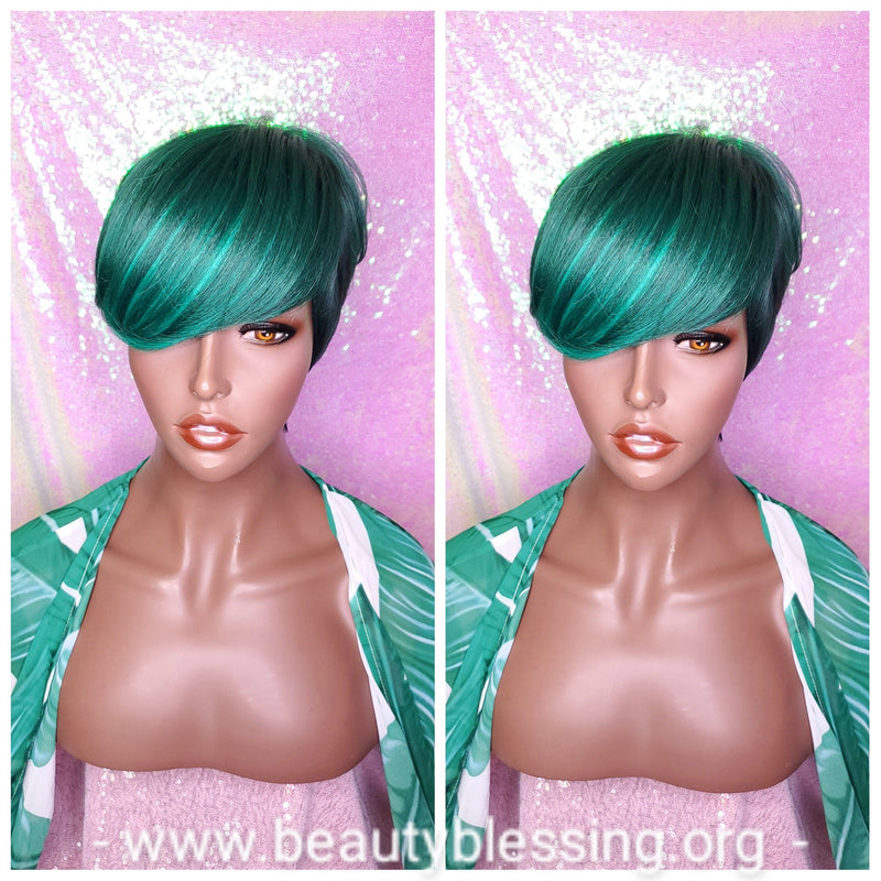 Ombre Green Mix Short Wig  Pixie Cut Style with Swoop Bangs Wig Premium Fiber Hair - Beauty Blessing Wigs & Hair Extensions Boutique
