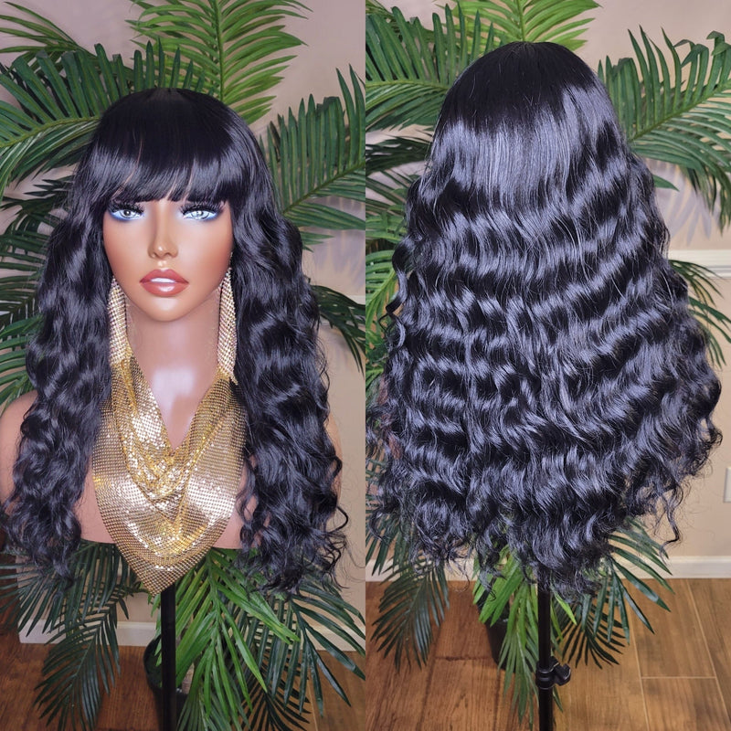 Natural Deep Wave Hair Full Wig with Bangs Wavy Straight Bang Hairstyle Glueless Wig - Beauty Blessings LLC