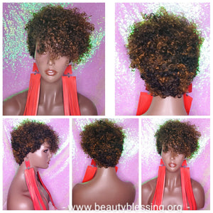 Razor Pixie Cut Corkscrew Bohemian Peruvian Remy 100% Human Hair Wig Black Auburn Color Hair Wig - Beauty Blessing Wigs & Hair Extensions Boutique
