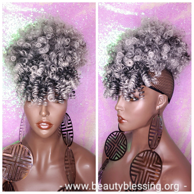 Ponytail Hair Afro Kinky Puff Bangs Ponytails Afro Curly Hair Afro Bang Gray Salt Pepper Gray Colored Afro Puff Hair Ponytail - Beauty Blessing Wigs & Hair Extensions Boutique