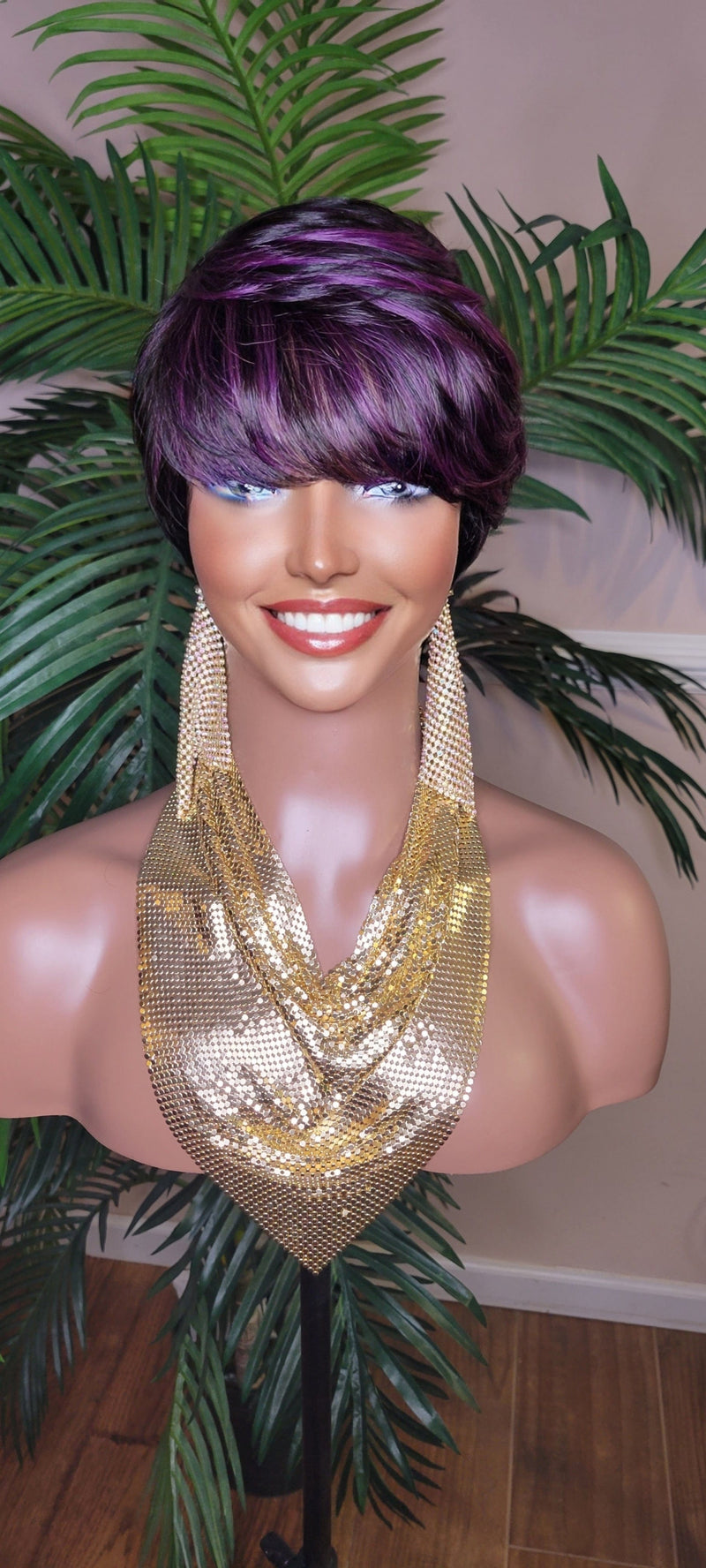 Purple Hair Wig Swoop Bang Pixie Cut Remy 100% Human Hair Wig Short Hairstyle Colored Glueless Wig - Beauty Blessings LLC