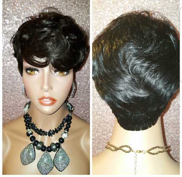 Short Remy Human Pixie Cut Swoop Bang Glueless Hair Wig Pixie Cut Remy Human Hair Wig: Glueless Tapered Swoop Bang  main image 2