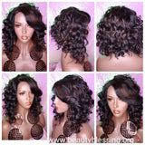 Wavy Curly Bob Hair Style Lace Front Wig Bangs Asymmetrical Bob Heat Safe Auburn Highlights Wig