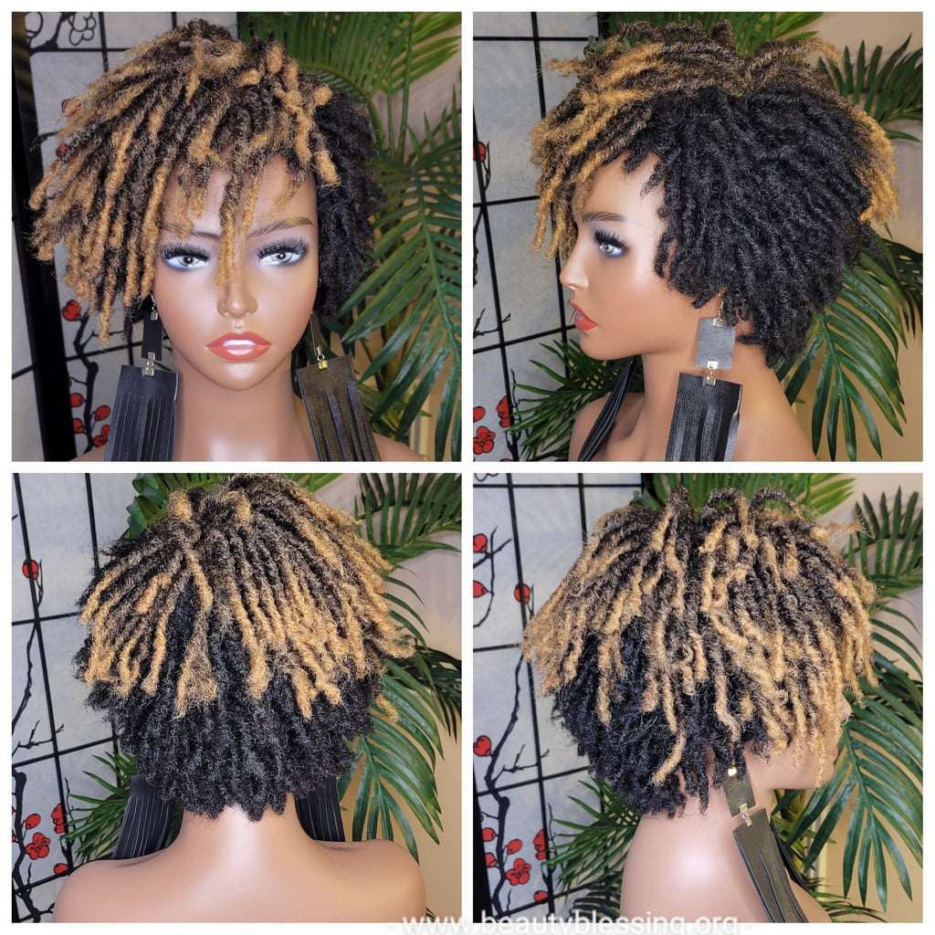 Dreadlocks Short Afro Kinky Coily Twist Natural Wig Pixie Cut Shots Dread Locks Ombre Honey Blonde Auburn Colored Locs - Beauty Blessing Wigs & Hair Extensions Boutique