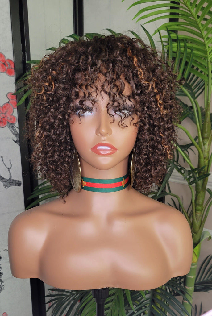 Short Beach Curl Spring Curl Brazilian Remy 100% Human Hair Brown Auburn Colored Hair Wig with Bangs - Beauty Blessings LLC