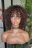 Short Beach Curl Spring Curl Brazilian Remy 100% Human Hair Brown Auburn Colored Hair Wig with Bangs - Beauty Blessings LLC
