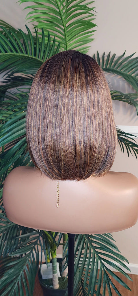 Auburn Hair Chocolate Brown Hair Wig Pixie Cut Bob Hairstyle Swoop Bang Glueless Full Cap Wig Ombre Auburn Brown Wig - Beauty Blessings LLC