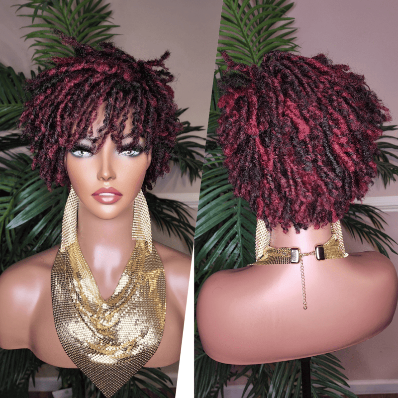 Burgundy Hair Afro Short Pixie Cut Kinky Coily Twist Coil Dread Lock Natural Style Wig Burgundy Rum Black Mix Color Hairstyle Wig - Beauty Blessings LLC